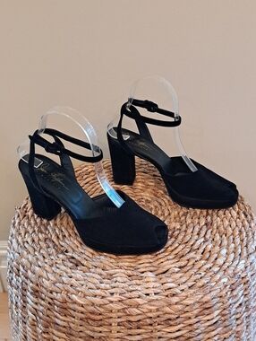 Joan Helpern Signature Womens Black Suede Formal Platform Peep Toe Heels 8.5